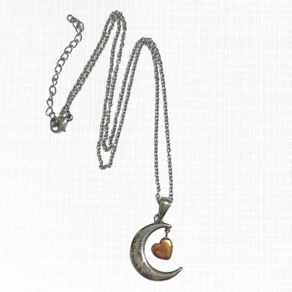 Moon Dangle Heart Pendant Necklace Love You More Stainless Steel Silver Tone 20